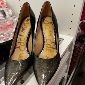 Sam Edelman Black Glitter Pointed Toe Pumps with Patent Heel